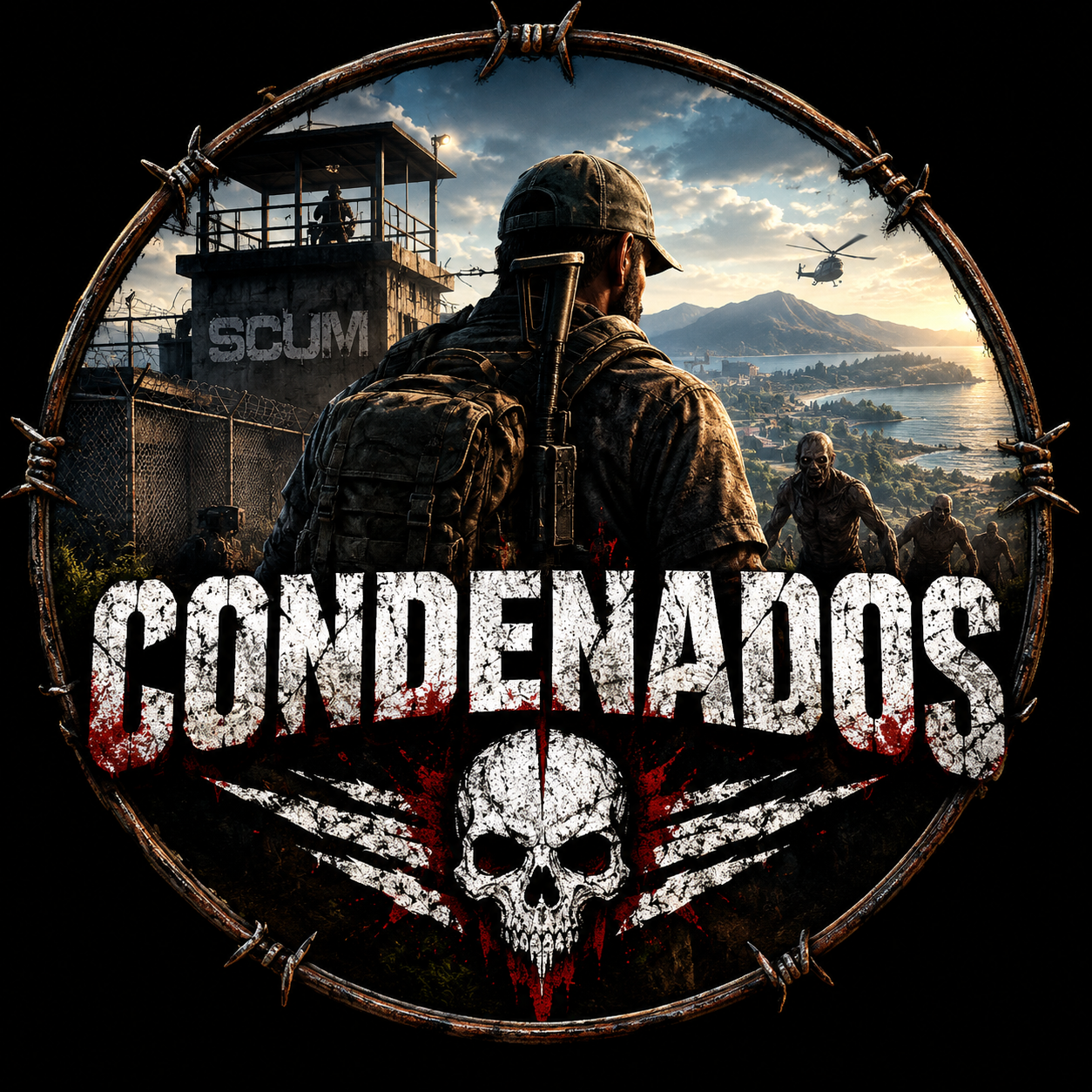 Condenados: sobrevivente, caveira e arame farpado